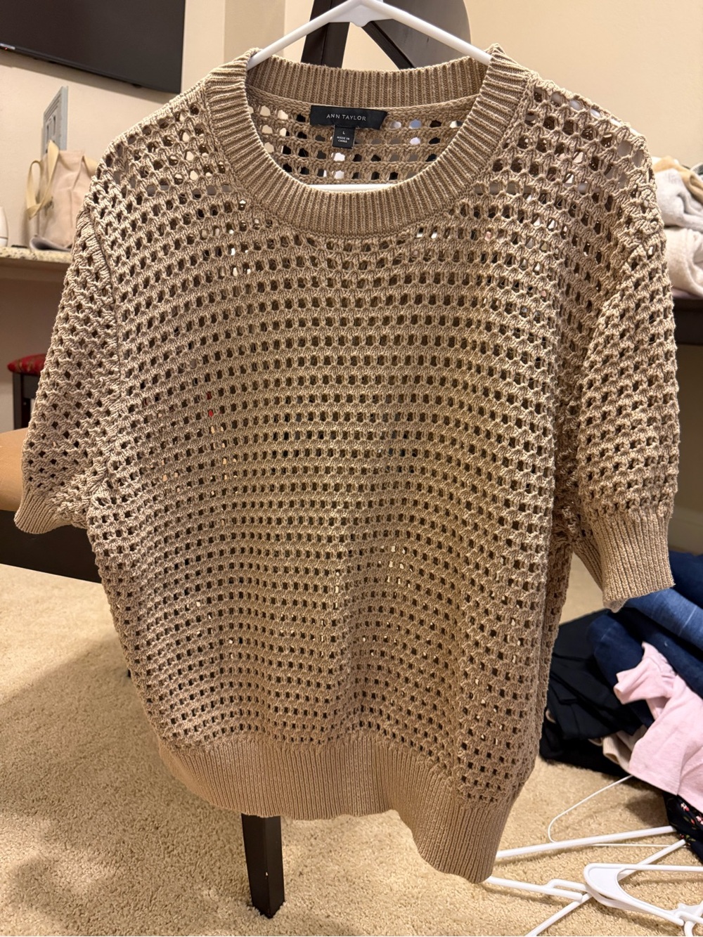 Ann Taylor Beige Open-Knit Crewneck Short Sleeve Sweater